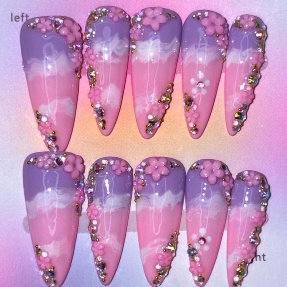 Custom 3D Floral Press-On Nails Large Stiletto Pink Lavender